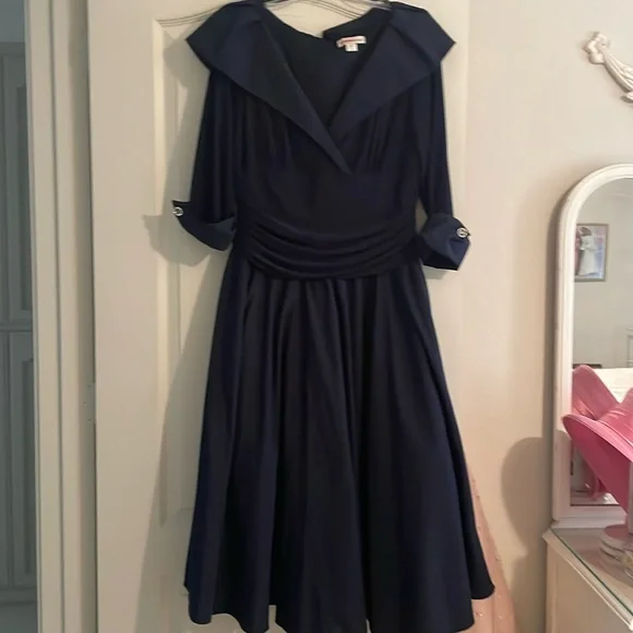 Ladies navy dress. Worn once. It's soo soft, comfortable. Jewels on elbow cuffs. - Picture 1 of 3